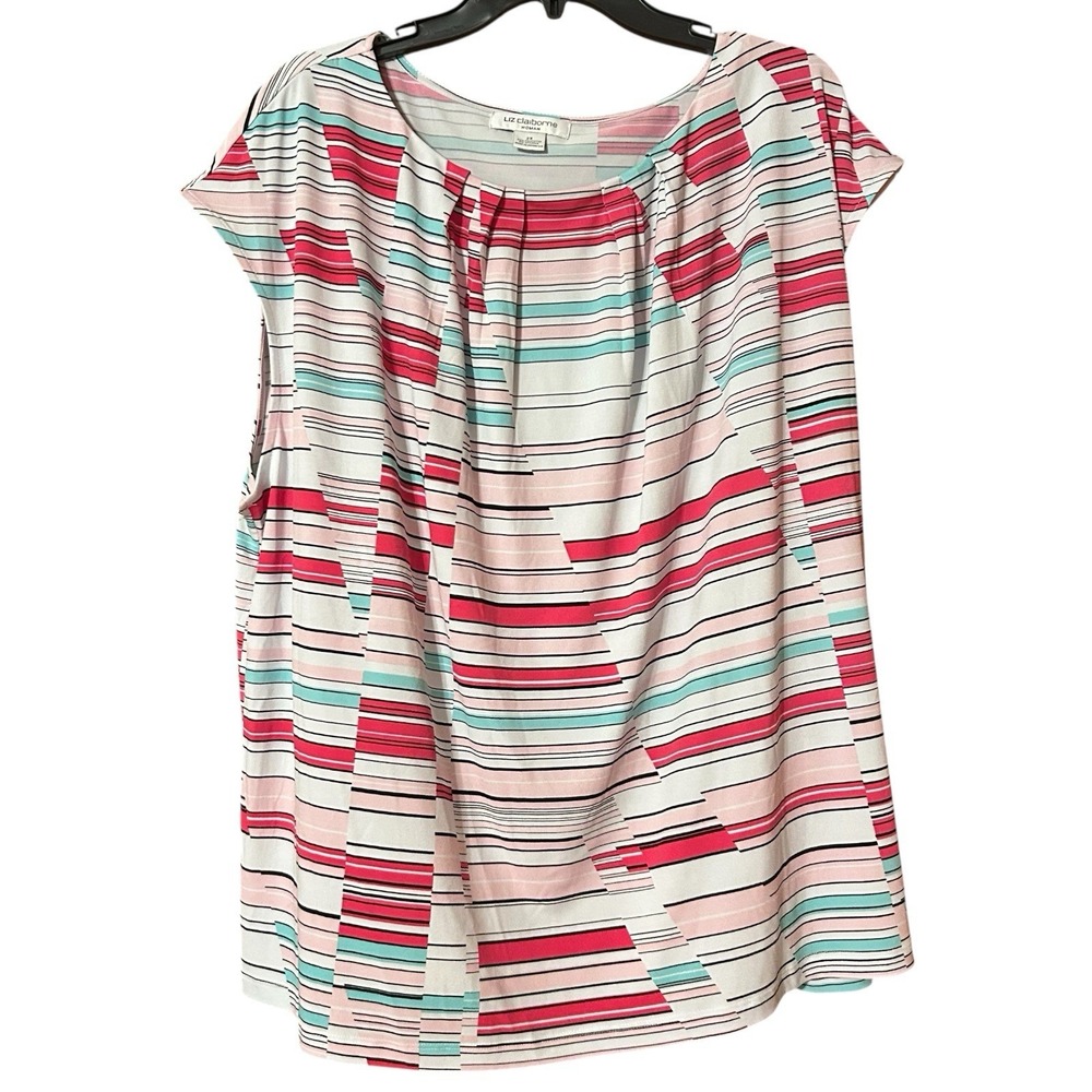 Liz Claiborne‎ Women's 2X Plus Size Short Sleeve Top Pink Teal White Polyester
